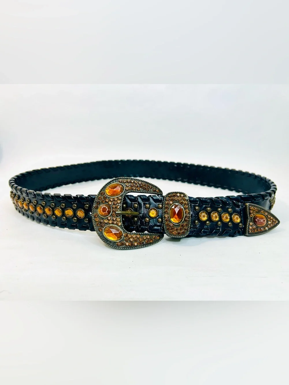 Western Rhinestone Whipstitch Belt with Orange Stones and Black Faux Leather